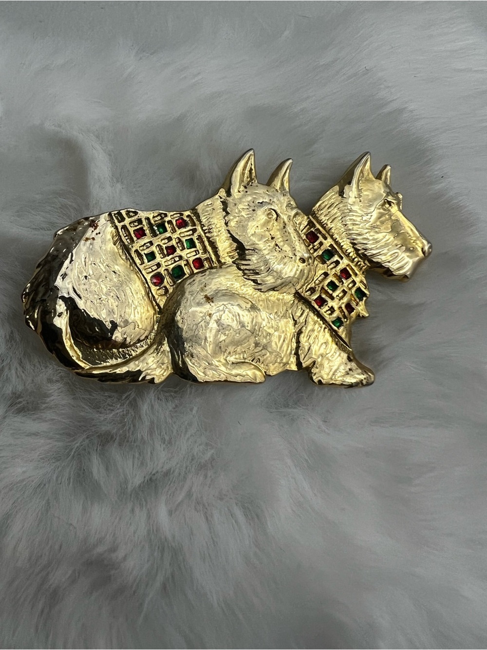 Vintage Gold Tone Double Scottie Dog Brooch Tartan Plaid Enamel Pin 2.25”